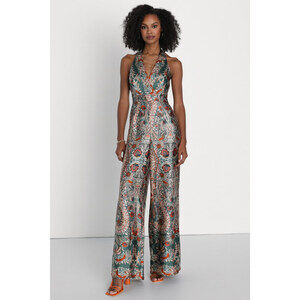 Lulus Divine Wanderings Teal Green Scarf Print Satin Wide-leg Jumpsuit - Size S